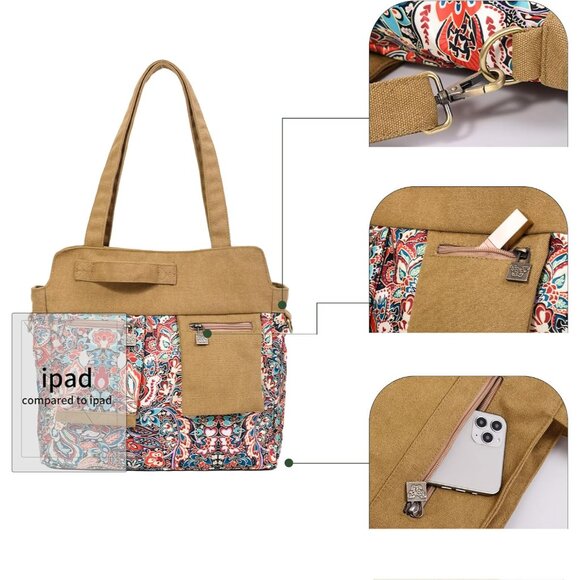 Large Canvas Crossbody Bag Women Tote Boho Style Adjustable Pocket - Picture 4 of 7